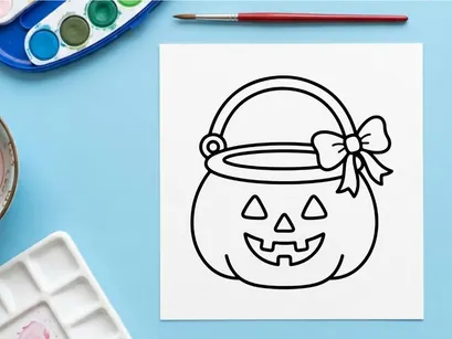 Halloween pumpkin candy bucket coloring page. Jack-o-lantern treat basket line art drawing.
