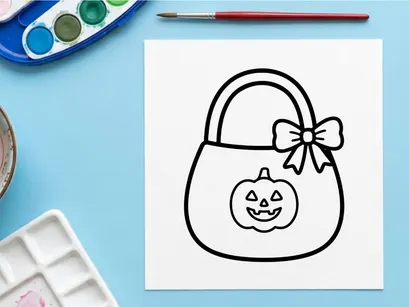 Hand-drawn Halloween trick-or-treat pumpkin candy bag with bow. Cute cartoon jack-o'-lantern sack for kids' spooky celebrations and party favors.