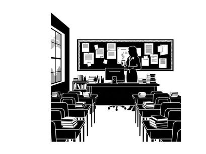 Silhouette of a teacher standing in a classroom with desks and a blackboard