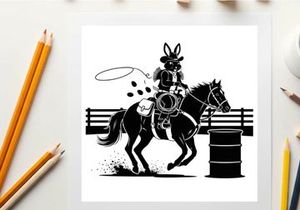 Bunny silhouette riding a horse and lassoing in a rodeo arena silhouette