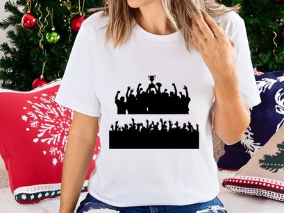 Silhouette of a triumphant sports team celebrating with a trophy and cheering fans