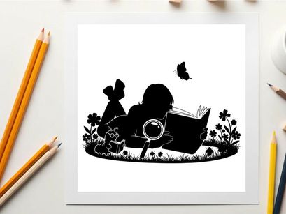 Silhouette of girl reading book with magnifying glass and butterfly nearby