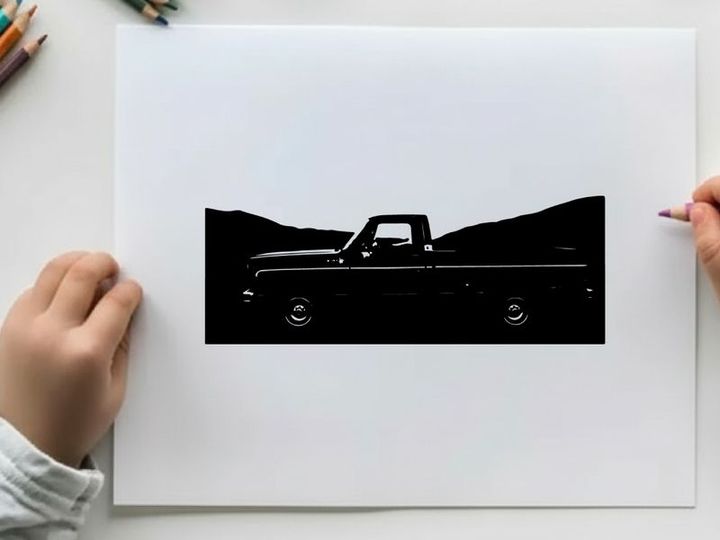 Silhouette of a classic pickup truck against a mountainous backdrop silhouette