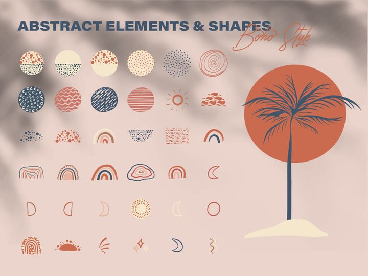 Minimalist abstract nature art shapes boho style. doodle natural concept. Modern hand drawn plant leaf and tropical shape decoration set.