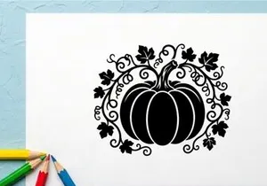 Decorative pumpkin with vine and leaf design for autumn or Halloween