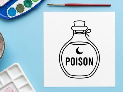Poison bottle icon with moon symbol. Simple black and white vector illustration of potion.