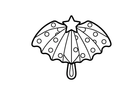 Hand-drawn Halloween paper umbrella with polka dots and star. Spooky party accessory for festive decorations and crafts.
