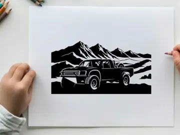 Silhouette of a pickup truck in front of majestic mountains silhouette preview picture