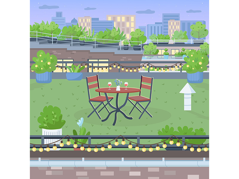 Terrace for romantic dinner flat color vector illustration