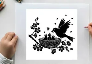 Silhouette of bird feeding chicks in nest on blooming branch