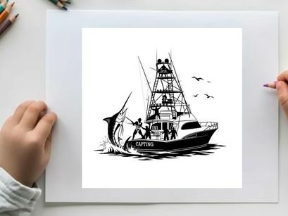Silhouette of a fishing boat with a large catch and seagulls