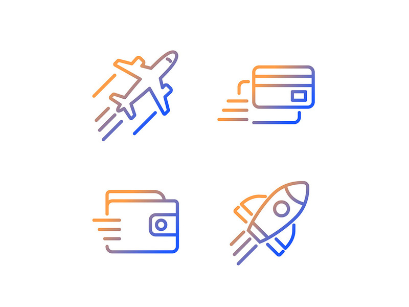 Flying transport gradient linear vector icons set