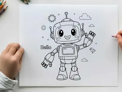 Friendly robot waving hello flat design vector illustration