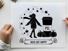 Silhouette of a woman enjoying fall with psl and pumpkins silhouette