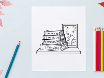 Stack of vintage books on a windowsill with a view of nature, hand drawn line art style.