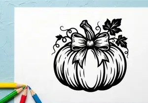 Decorative pumpkin with bow and leaves for fall or Halloween decor
