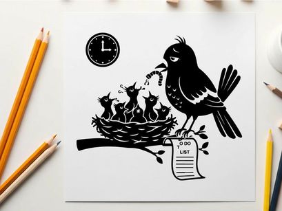 Silhouette of bird feeding nest with kittens and clock