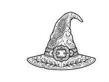 Halloween witch hat with mystical symbols and owl. Classic sorceress headwear featuring moon phases and magical creatures for festive designs.