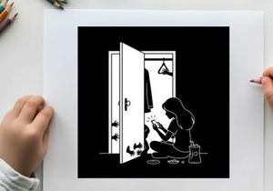 Silhouette of a woman sitting in front of an open closet