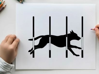 Dog silhouette jumping over hurdles in athletic silhouette