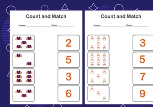 10 Pages Count and match with the correct number. Matching education game. Count how many items and choose the correct number