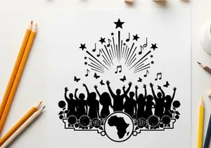 African silhouette of people celebrating with music and stars