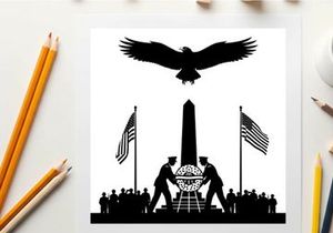 Silhouette of soldiers and eagle at memorial with american flags