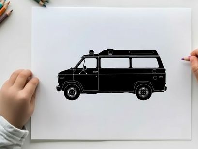 Silhouette of a classic camper van with roof vents and windows