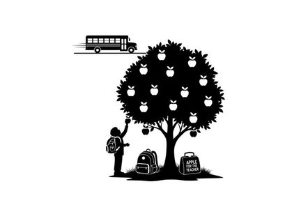 Silhouette of a child picking an apple from a tree near school buses