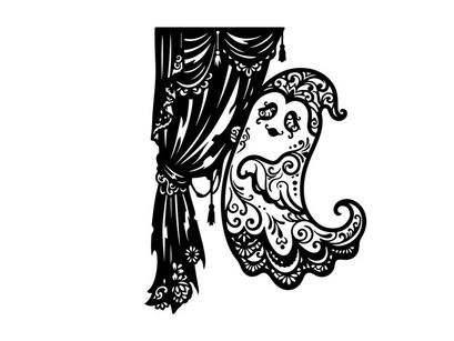 Intricate black and white lace curtain with ornate moon design