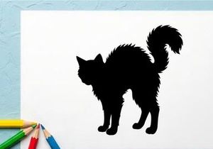Silhouette of a Curious Cat with Fluffy Tail in Black