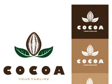 cocoa logo,cocoa bean,cocoa tree,cocoa branches and leaves,chocolate mix on white background,vintage,modern,simple,minimalist icon illustration template design vector