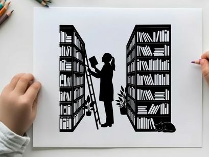 Silhouette of woman retrieving book from tall bookshelf using ladder