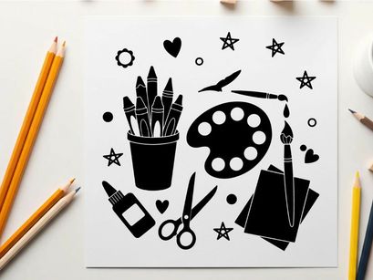 Art supplies silhouette with stars and hearts