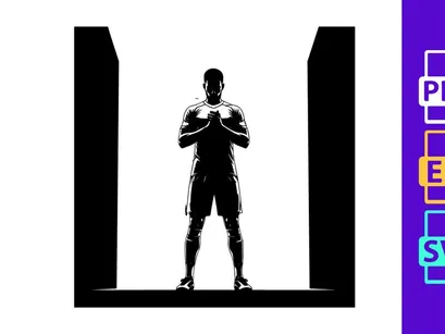 A silhouette of a man in a powerful stance with hands clasped together