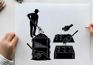 Silhouette of a man composting with a shovel and turning pile silhouette