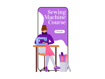 Sewing machine course cartoon smartphone vector app screen preview picture