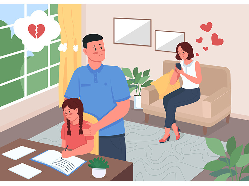 Infidelity problem in family flat color vector illustration