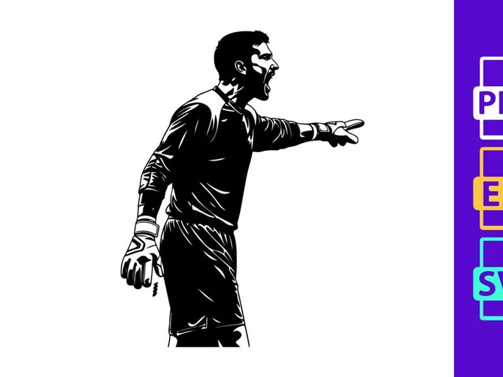 A black and white illustration of a man pointing to the right with his arm outstretched