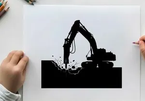 Silhouette of excavator digging into the ground with debris flying out