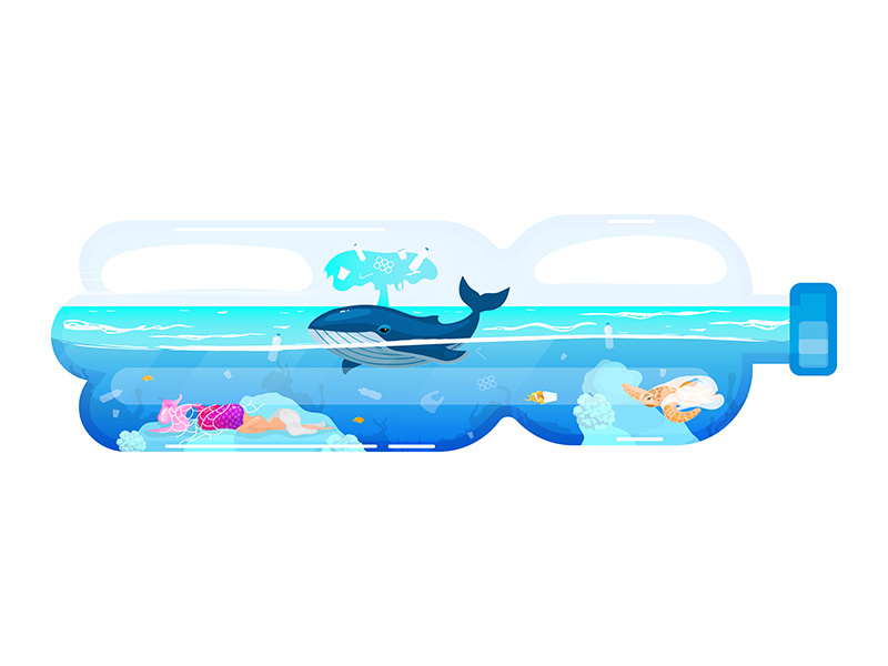 Whale and waste in plastic bottle flat concept icon