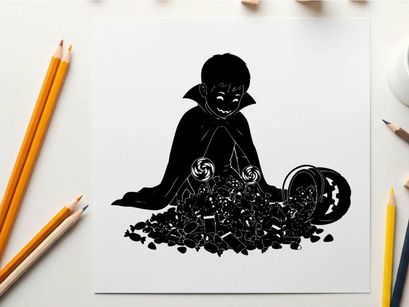 A silhouette of a cute vampire surrounded by candy and a pumpkin