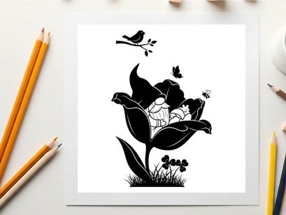 Silhouette of a flower with birds and butterflies