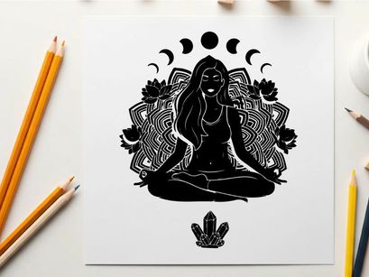 Silhouette of a woman meditating in lotus position with moon phases