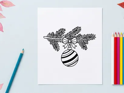 Christmas bauble hanging on a pine branch, festive holiday line art illustration.