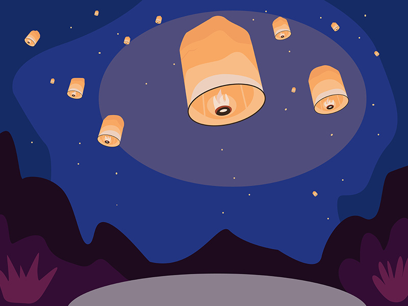 Sky lanterns flat color vector illustration