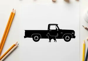 Silhouette of a dog standing beside a classic pickup truck