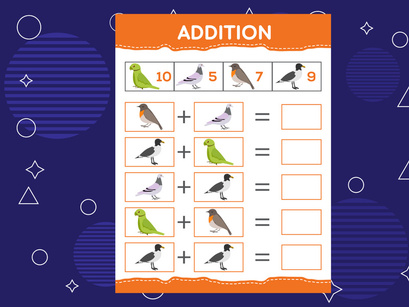 Addition with different birds for kids. An educational worksheet for kids. Vector design