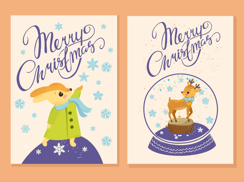 Merry Christmas little deer, fox vector poster and greeting card template