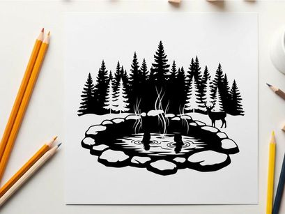Serene forest scene with silhouette of deer by a pond